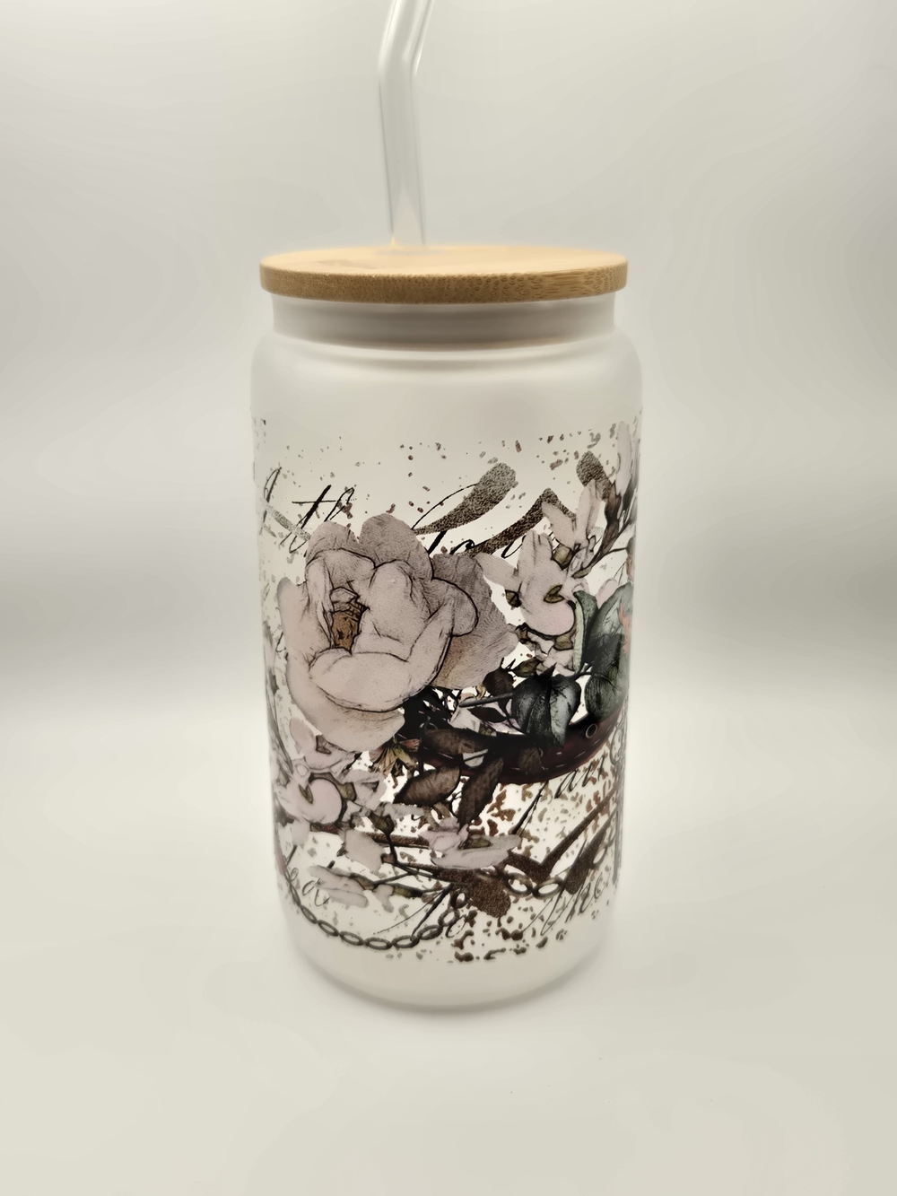 White Floral Decorative Tumbler with Bamboo Lid